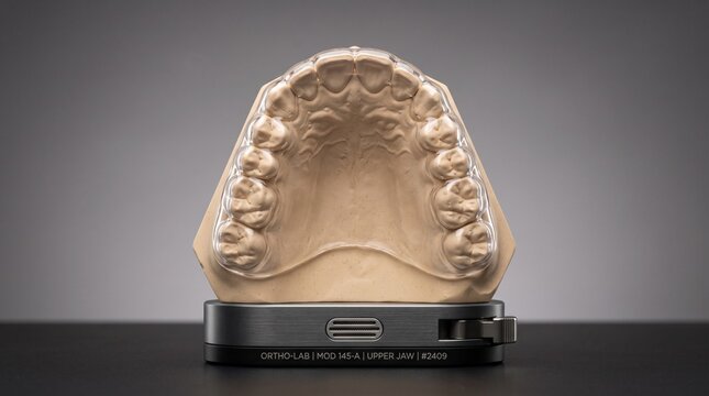 Highly Detailed 3D Scanned and Printed Dental Model of an Upper Jaw Arch for Orthodontic Planning Isolated on a Dark Gray Background
