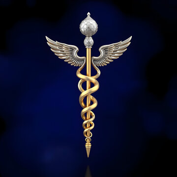 Medical caduceus symbol with two snakes entwined around a winged staff, representing medicine and healing.