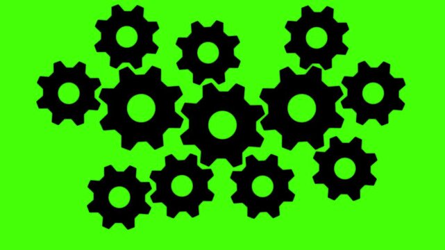 Rotating mechanical gears animation on green screen, industrial engineering concept cogs spinning