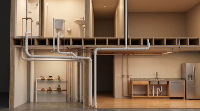 Detailed 3D rendering of a home plumbing layout featuring copper water lines, PVC drain pipes, and connections to bathroom and kitchen fixtures.