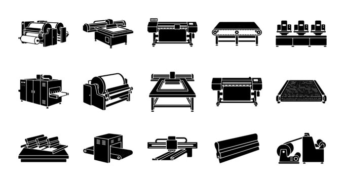 Industrial printing equipment icons set, professional large format printer and plotter vector silhouettes, 15 commercial press machine symbols