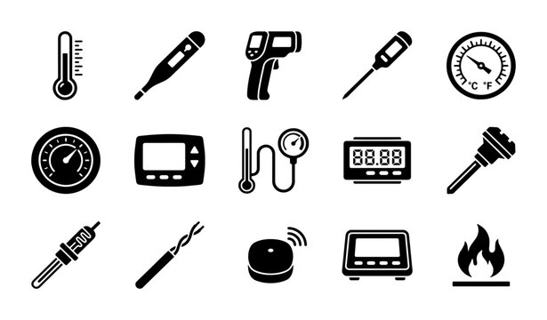 Thermometer and temperature sensor icon set, 15 black vector icons for thermal measurement, digital and analog heat monitoring equipment