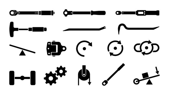 Mechanical engineering tools and physics symbols set, 15 black vector icons of torque wrenches, pry bars, gears, and simple machines for industrial design