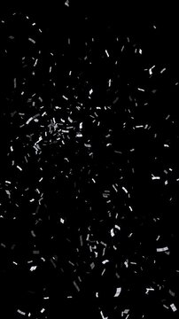  silver metallic confetti particles explosion isolated alpha channel loopable animation, metal birthday party and anniversary celebration video vertical social media overlay motion design element