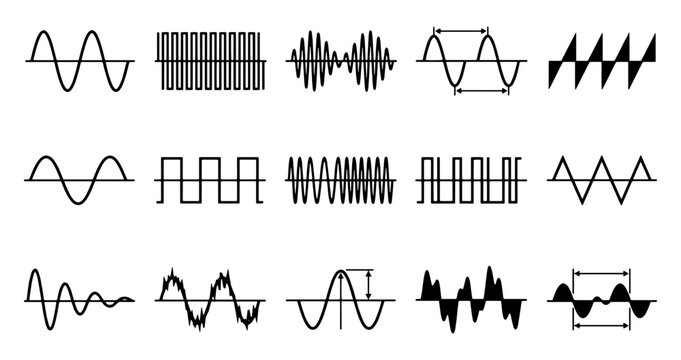 Sound wave icons set, audio signal frequency waveforms, 15 black vector pulse line symbols for music production and physics education