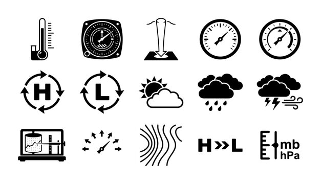 Meteorology weather icons set, 15 black vector symbols for atmospheric pressure and climate forecasting, barometer and thermometer gauges