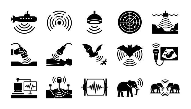 Sonar and echolocation icon set, 15 black glyph vectors for ultrasound technology, marine navigation and animal biosonar systems