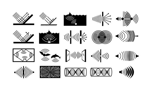 Physics wave properties icon set, 20 black vector diagrams of reflection and diffraction, scientific wave interference and echolocation symbols