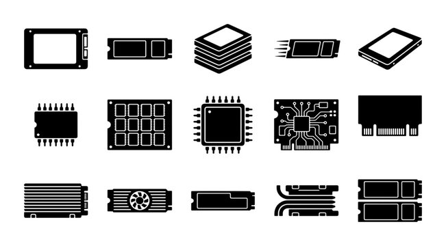 Computer hardware components and data storage icons set, 15 black solid vector symbols of SSD, microchips, and electronic parts for IT infographics