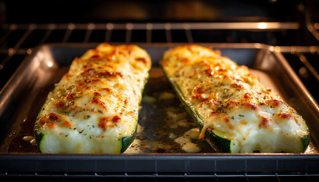 Two zucchini boats covered with melted cheese baking in an oven.