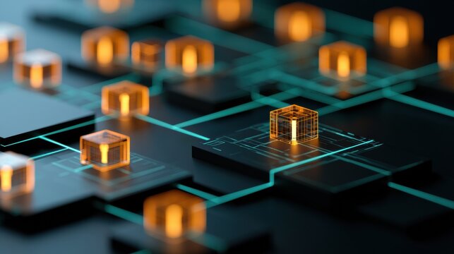 Complex components come together to form a cohesive architectural system with electric teal connections and warm amber nodes highlighted.
