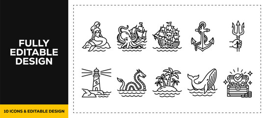 flat vector illustration line art icon bundle set design focusing on maritime lighthouses mythological monsters sea waves ocean ship anchors and nautical graphics UI © markephics