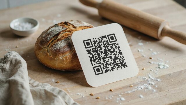 QR code on a square paper next to a rustic loaf of bread on a wooden cutting board with flour, a rolling pin, and salt.