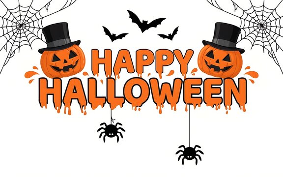 Halloween celebration graphic with pumpkins spiders and bats on white