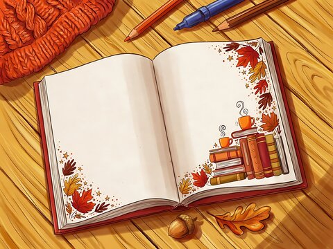 Autumn themed open book with leaves and books on wooden table with stationery