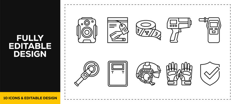 flat vector illustration line art icon bundle set design highlighting law enforcement police equipments handcuff security and criminal investigation justice graphics UI