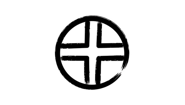 Hand-drawn black cross symbol inside a circle, simple emblem, abstract brushstroke effect