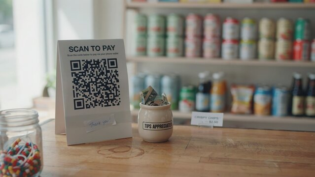 Scan to pay QR code placard on a wooden shop counter near a tip jar with money and blurred products