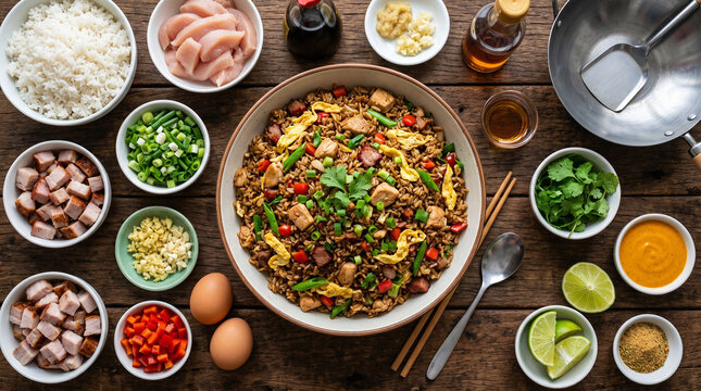 Peruvian Arroz Chaufa with Chicken and fresh ingredients. Traditional Chifa food, top view