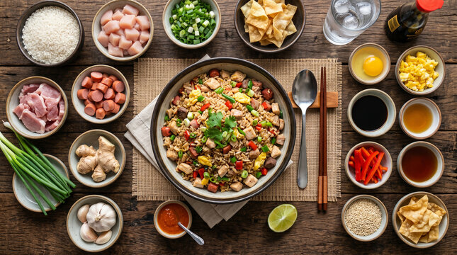 Peruvian Arroz Chaufa with Chicken and fresh ingredients. Traditional Chifa food, top view