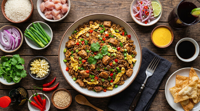 Peruvian Arroz Chaufa with Chicken and fresh ingredients. Traditional Chifa food, top view