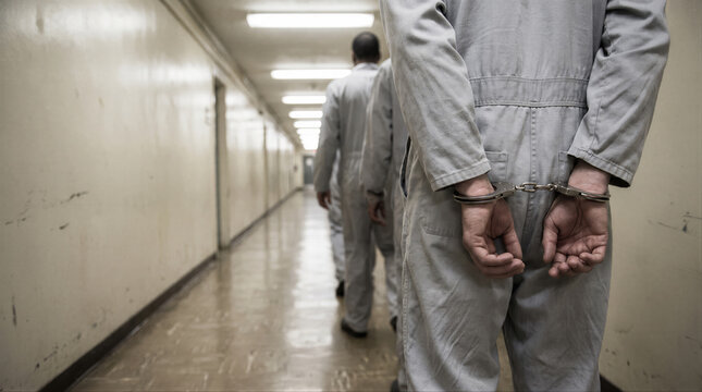 Group of men in prison uniforms walking along long bright corridor. Inmates in handcuffs being walk down hallway. Punishment, arrest and Imprisonment conceptual. Liability for crime with copy-space.