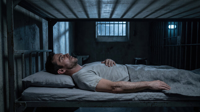 Depressed man lying on bed in prison cell with barred window. Inmate reflecting while awake insomnia in confinement room. Punishment, arrest and Imprisonment conceptual. Liability for crime copy-space