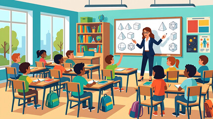 Fototapeta premium Diverse group of students learning geometry in a modern classroom with a professional female teacher explaining shapes on a whiteboard