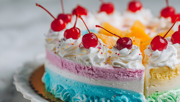 Side View of Colorful Icing with Cream Frosting on Delicious Birthday Celebration Dessert Cake with Shallow DOF