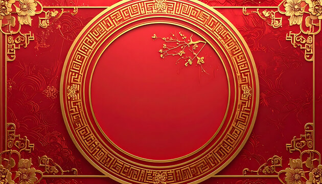 Intricate gold circular frame on a textured red background with auspicious Chinese patterns, festive oriental design