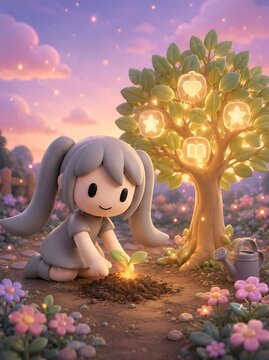 Cute pastel 3D clay doll planting a glowing seedling in a magical garden with dream tree at sunset