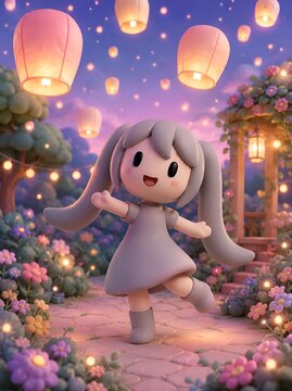 Cute pastel 3D clay doll dancing under glowing floating lanterns in a magical flower garden at twilight