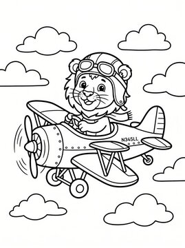 Coloring page, cute lion pilot flying an airplane.