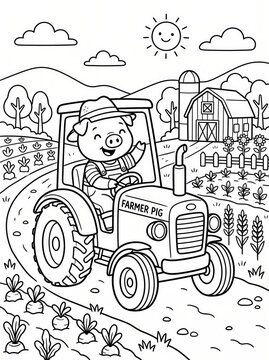 Coloring page, cute pig farmer driving a tractor.