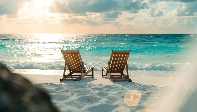 Two empty wooden beach chairs facing the ocean at sunset with gentle waves and cloudy sky water