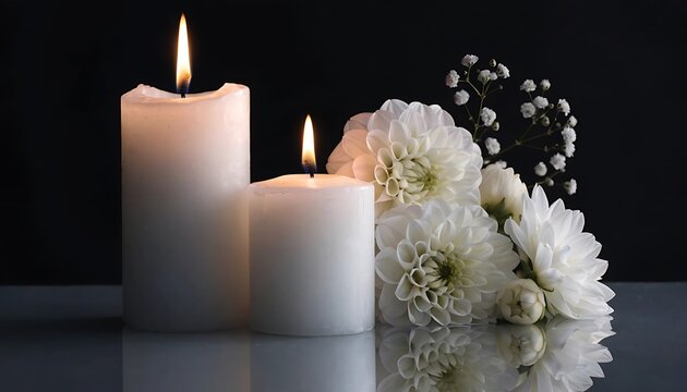 Two lit white pillar candles with white dahlias and baby's breath on a reflective surface light flame