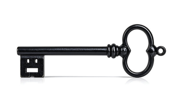 Isolated antique black ornate skeleton key on a white background, a symbol of access and security