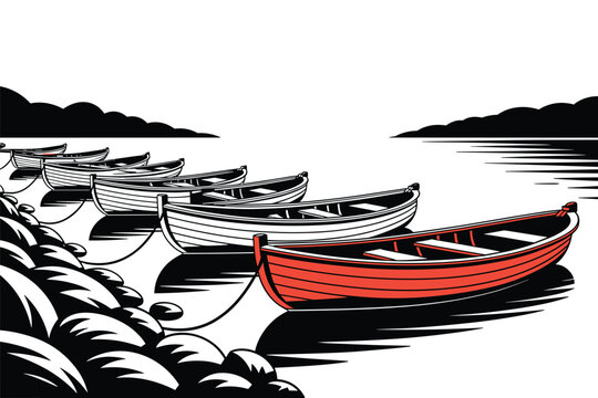 Row of wooden rowboats moored at a rocky lake shore with one standout bright red painted boat, choice leadership sign concept