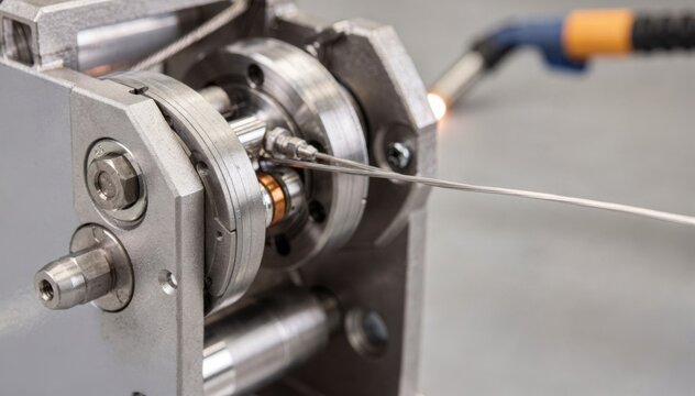 Closeup medium shot capturing a pulltype wire feeder mechanism smoothly drawing the filler wire into the welding area emphasizing tension control.