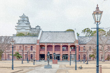 姫路城を背景に佇む姫路市立美術館の赤レンガ建築と彫刻が調和する景観/Scenic View of Himeji City Museum of Art's Red Brick Architecture and Sculptures with Himeji Castle in the Background © Taketo Miyajima