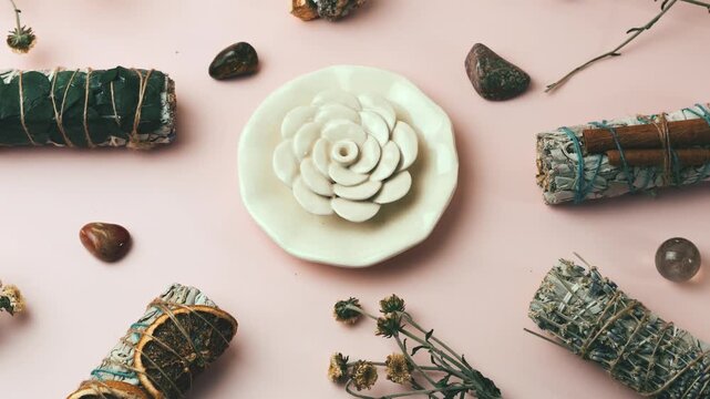 A flat lay with smudge bundles, dried botanicals, stones, and a ceramic flower dish on a soft pink background.