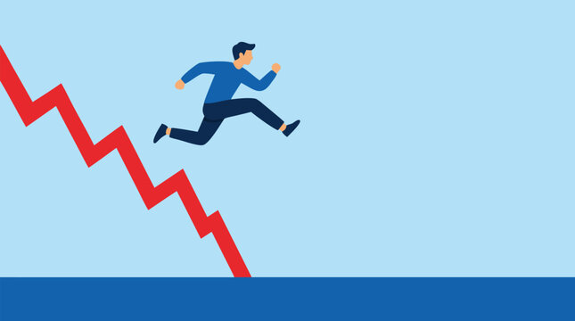 Dynamic vector illustration of businessman leaping over jagged descending line hurdle into open space symbolizing overcoming challenges crisis recovery resilience success in volatile business market