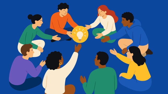 Diverse group of people sitting in circle passing glowing idea lightbulb orb hand to hand symbolizing teamwork innovation creativity and collaborative brainstorming in modern flat vector style