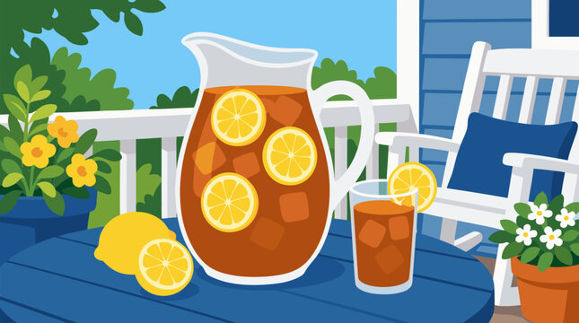 Vibrant vector illustration of a glass pitcher filled with refreshing iced tea floating lemon slices and ice cubes on a wooden porch table surrounded by potted flowers white rocking chair and sunny