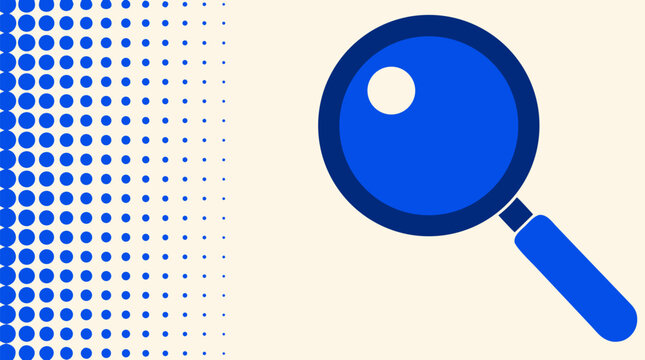 Cobalt blue halftone dot pattern fading from dense to sparse with magnifying glass modern abstract vector illustration graphic design resource