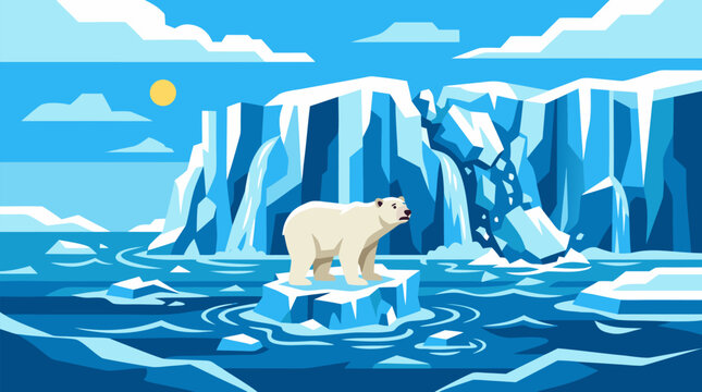 Polar bear standing on shrinking melting glacier ice floe surrounded by icy blue arctic waters dramatic climate change awareness illustration showing global warming impact on wildlife pristine frozen