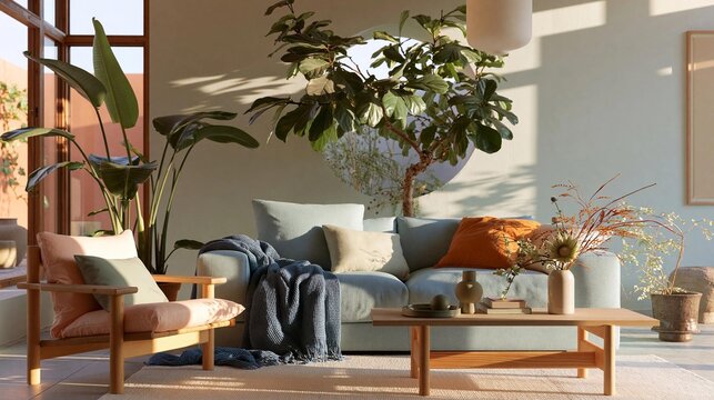 Modern living room with a large window on the left side. the window has a view of a garden outside.