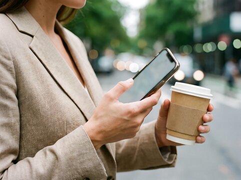 Business woman using smartphone and holding a takeaway coffee cup outdoors