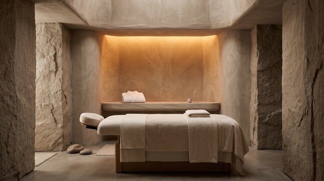 Warm Minimal Spa Suite With Stone Alcove And Low Angle View