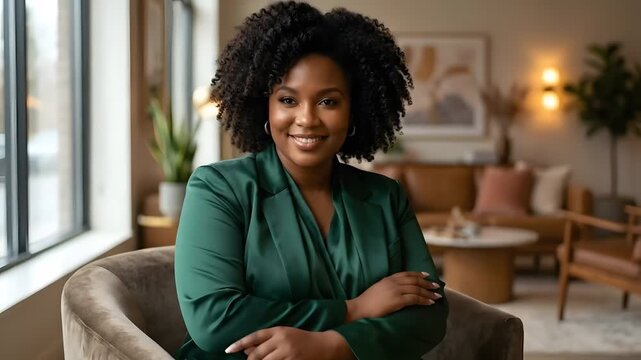 Cinematic fashion portrait video of a confident plus-size African American woman sitting elegantly inside a luxury modern studio under warm Rembrandt lighting.